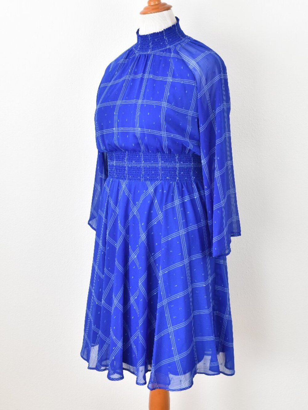 Calvin Klein Plaid Chiffon Mock Neck Smocked Detail Dress - 12 - Picture 3 of 13